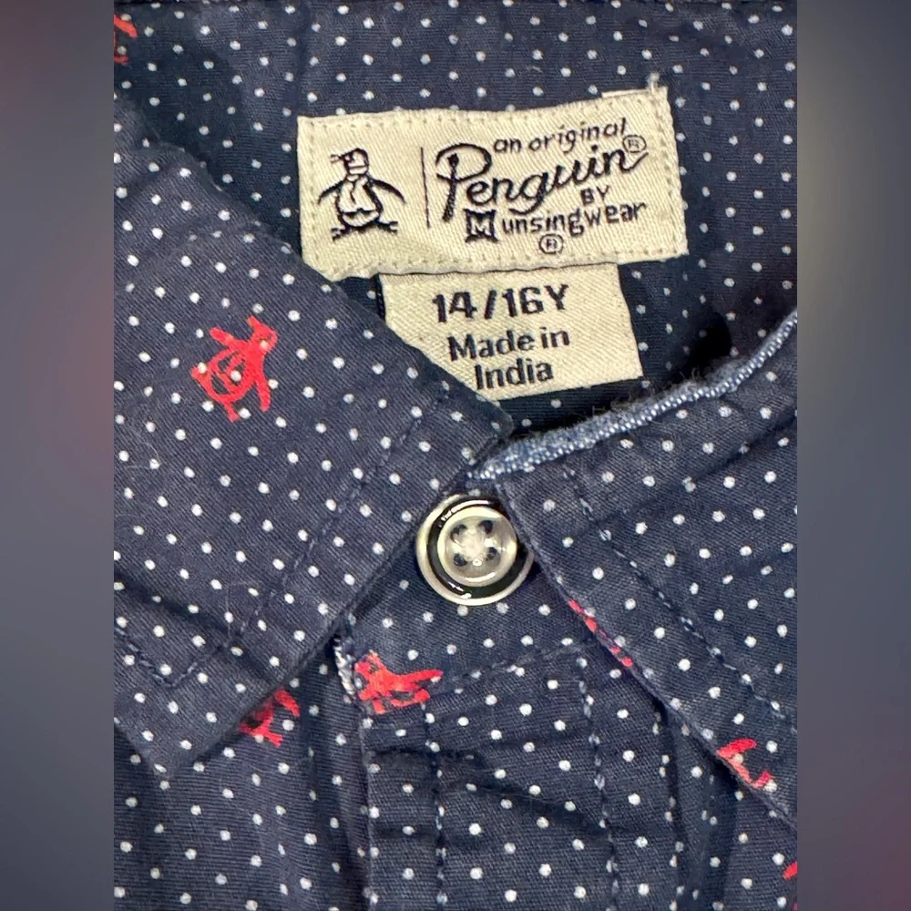 The Original Penguin Big Boys Storm Navy Button-Up Shirt‎ Red Penguins 14/16Y